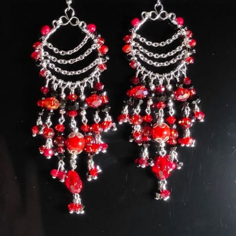Red and Black Hobo Fringe Earrings